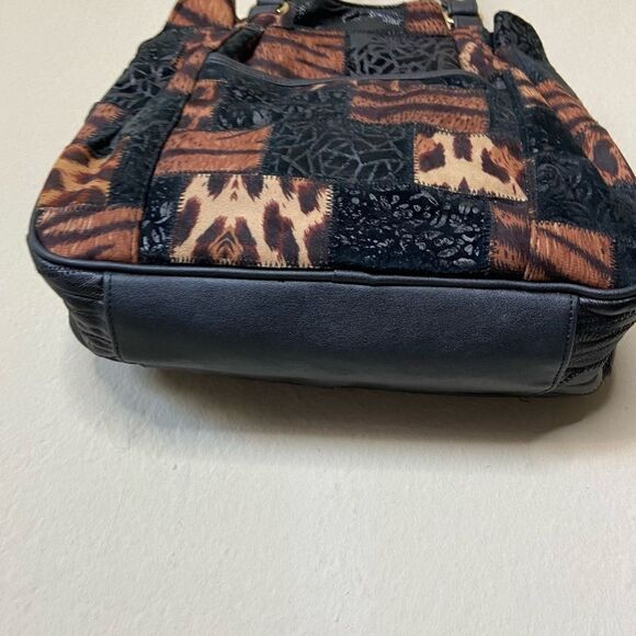 Black Patchwork Shoulder Bag Tote Leather Animal Print Vintage - Picture 10 of 11